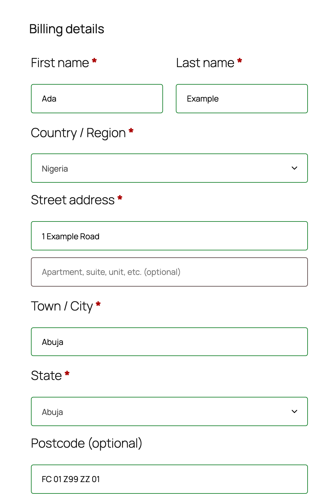 The billing details of the classic checkout, with Nigeria as the country and the postcode FC 01 Z99 ZZ 01 in the Postcode field. The name, address and email are made-up examples.